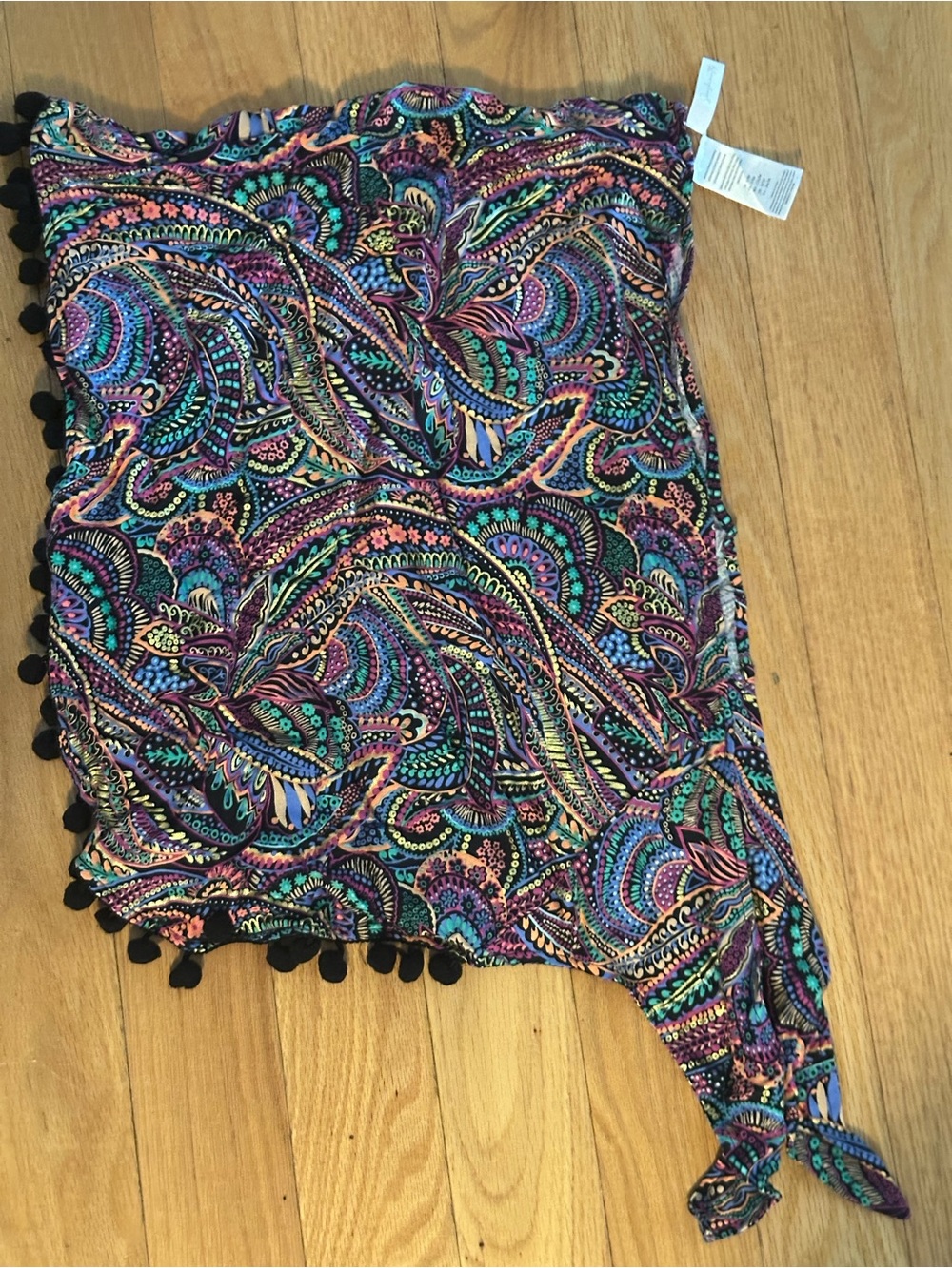 Multicolor Paisley Asymmetrical Pom-Pom Wrap Skirt